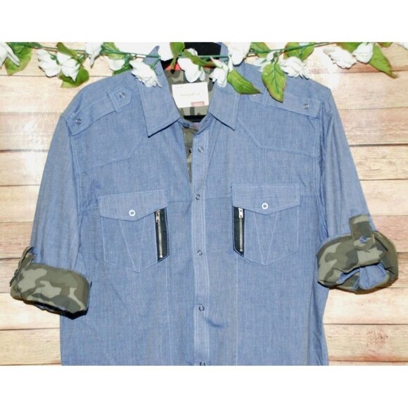 Sovereign Code Men's Blue Chambray Shirt Size M Roll Tab Camo Contrast Cuff - Picture 2 of 12